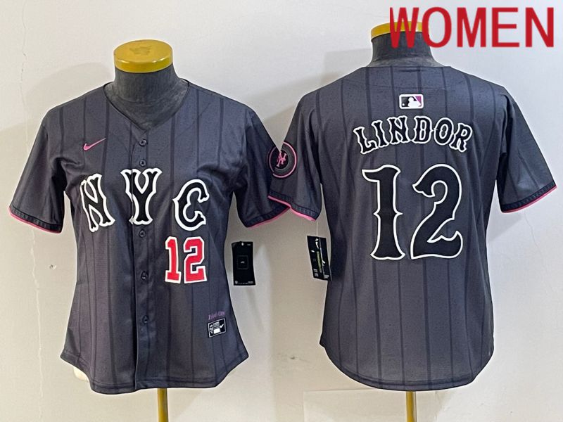 Women New York Mets 12 Lindor Black City Edition 2024 Nike MLB Jersey style 4
